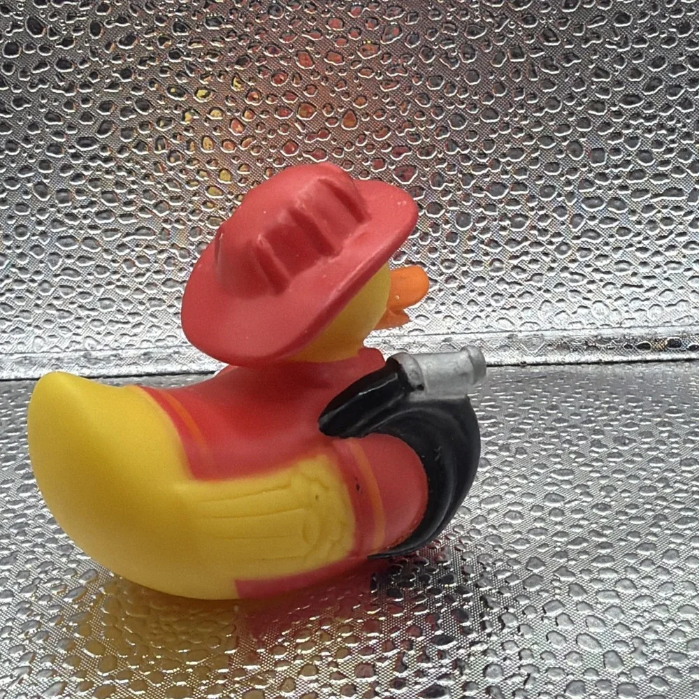 VTG Firefighter Rubber Duck Bath Toy Jeep Collectible Red Uniform‎ Hose Axe 2007